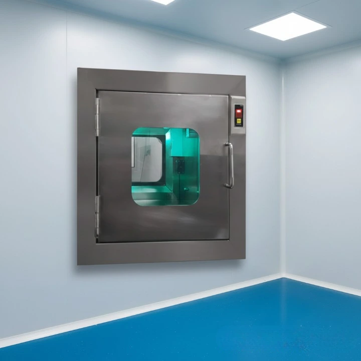 Metrolabs Dynamic Pass Box – HEPA canopy, door glass panel, SS construction, pharmaceutical cleanroom wall-mounted