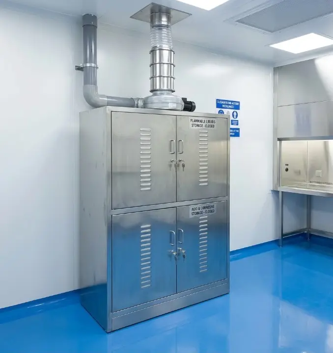Metrolabs Chemical Storage Cabinet – polypropylene body, perforated shelving with safety lips, multi-compartment segregation