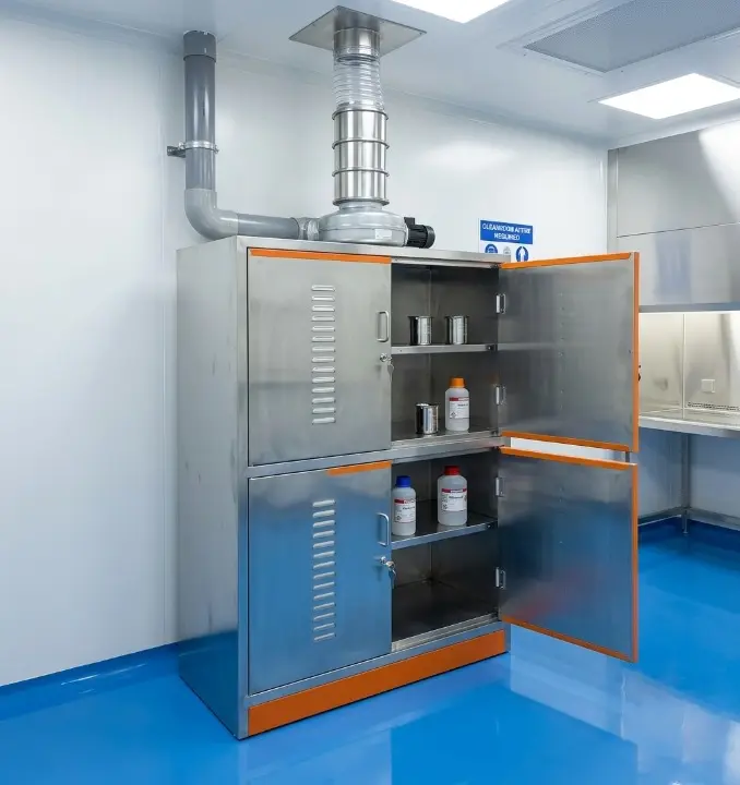 Metrolabs Cleanroom Chemical Storage Cabinet – SS 316L, sump base, PTFE gasket, ventilation ports, pharmaceutical cleanroom