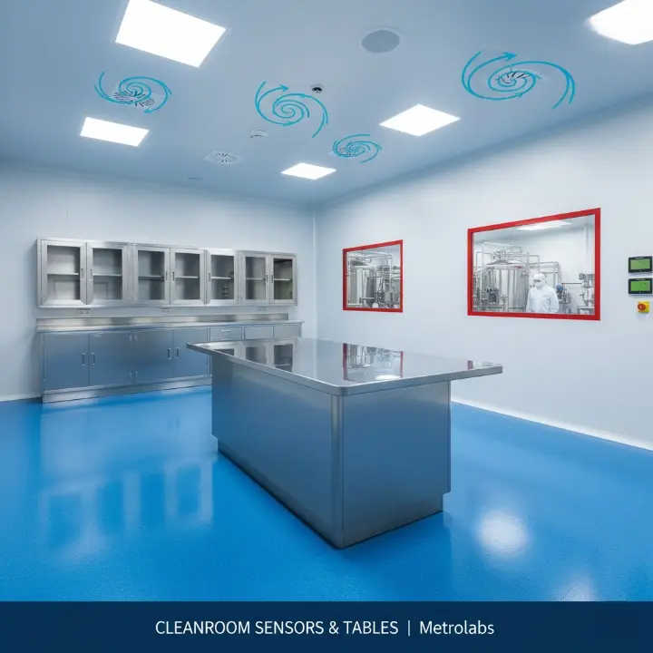 Metrolabs Island Cleanroom Work Table – perforated worksurface, laminar flow, pharmaceutical lab installation