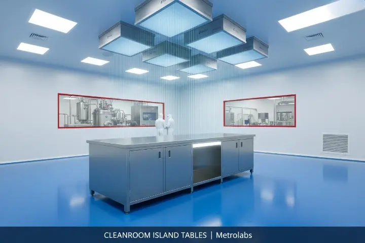 Metrolabs Island Cleanroom Work Table – SS 316L, 360° access, perforated worksurface, GMP Grade A
