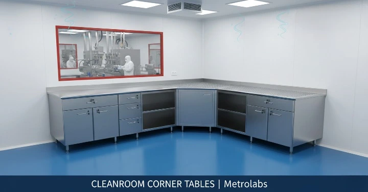 Metrolabs L-Shape Cleanroom Work Table – perforated worksurface, laminar flow, corner installation, GMP lab