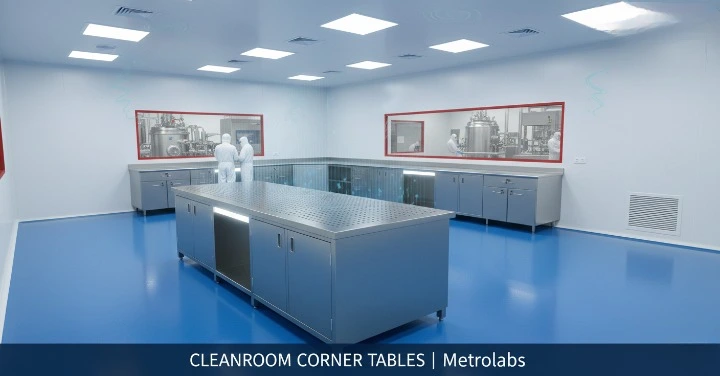 Metrolabs L-Shape Cleanroom Work Table – SS 316L, zero-crevice TIG welded corner, pharmaceutical GMP cleanroom