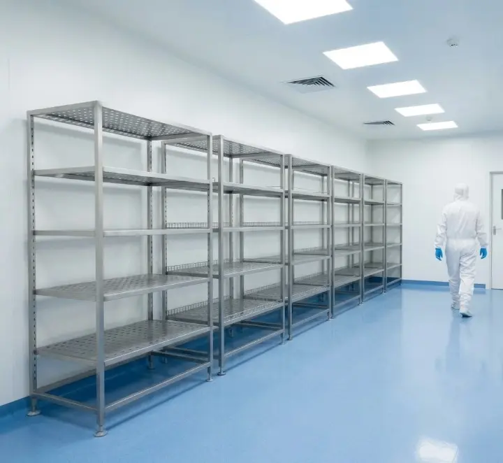 Metrolabs Cleanroom Material Storage Rack – wire grating shelves, medical-grade casters, mobile configuration, cleanroom