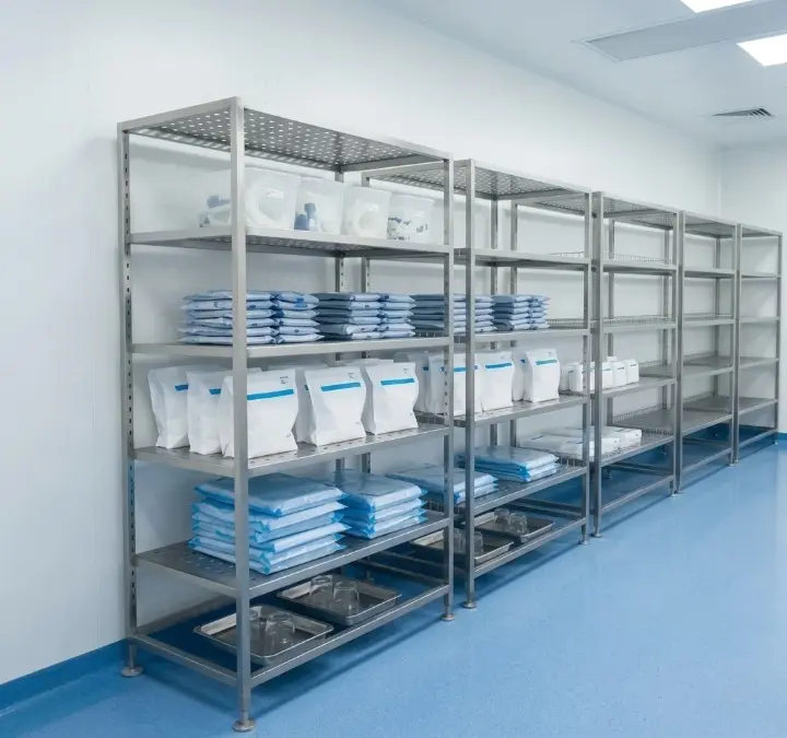 Metrolabs Cleanroom Material Storage Rack – SS 304/316L perforated shelving, TIG welded frame, pharmaceutical cleanroom