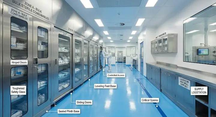 Metrolabs Cleanroom Cupboard – perforated adjustable shelving, silicone gasket door, cleanroom installation