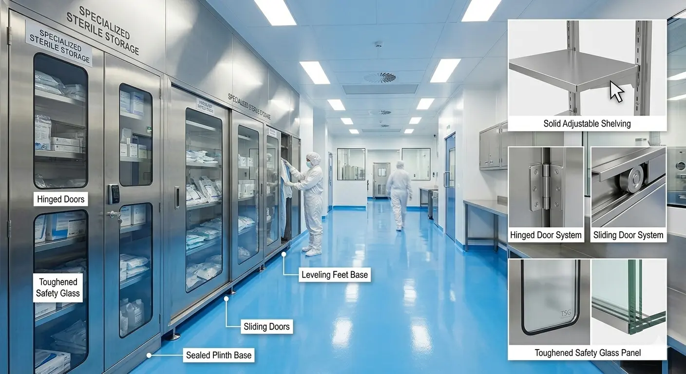Metrolabs Cleanroom Cupboard – SS 316L, 30-degree sloped top, coved interior, concealed hinges, pharmaceutical cleanroom