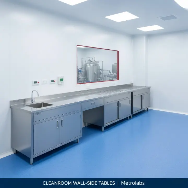 Metrolabs Wall-Side Cleanroom Work Table – perforated worksurface, GMP Grade A laminar flow zone