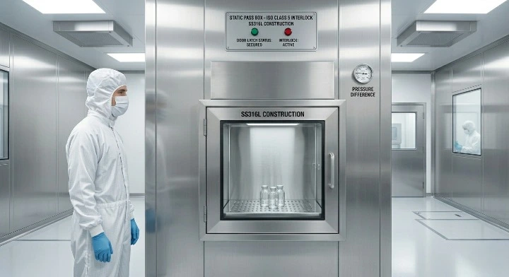 Metrolabs Cleanroom Static Pass Box – SS 316L, electromagnetic interlock, coved corners, double-glazed vision panel, pharmaceutical cleanroom