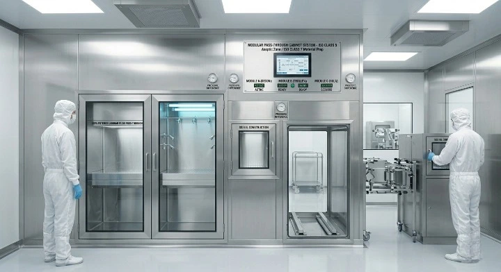 Metrolabs Cleanroom Pass-Through Cabinet – floor-mounted, SS trolley compatible, heavy-gauge stainless, large format material transfer