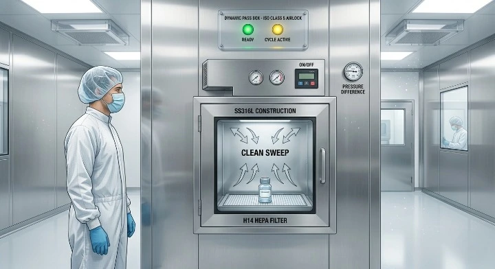 Metrolabs Cleanroom Dynamic Pass Box – H14 HEPA Grade A, recirculating airflow, UV-C lamp, touchscreen HMI, pharmaceutical GMP cleanroom