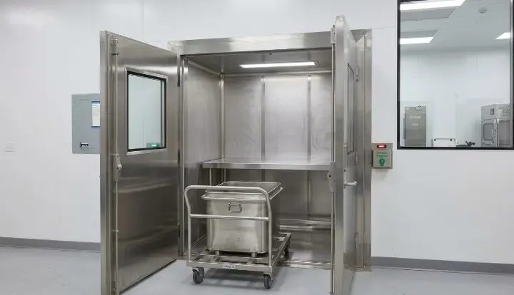 Metrolabs Cleanroom Pass-Through Cabinet installed in cleanroom wall – flush panel integration, HEPA dynamic version, biotech facility