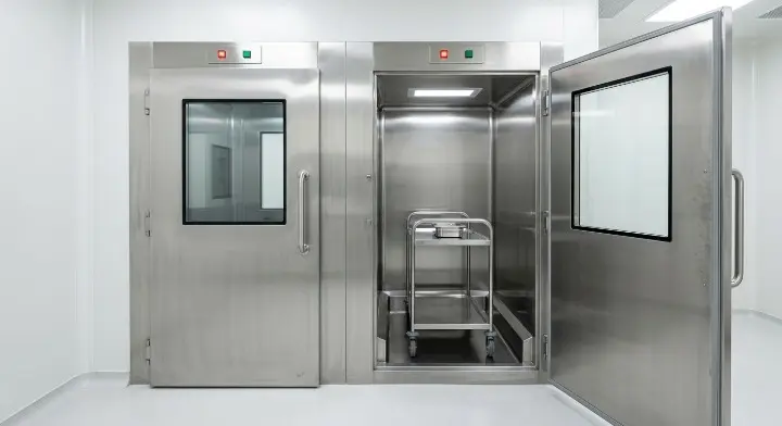 Metrolabs Cleanroom Pass-Through Cabinet – large format, perforated shelving, adjustable removable, pharmaceutical bulk transfer