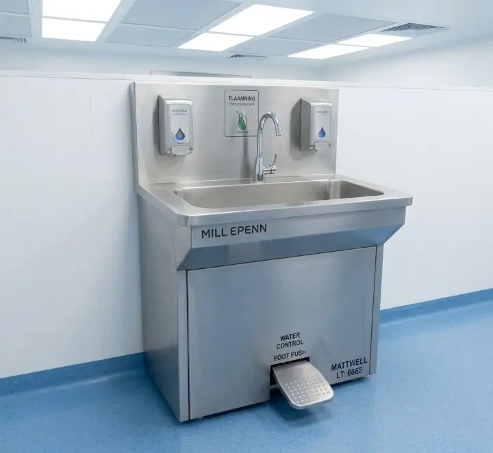 Metrolabs Cleanroom Foot-Operated Sink Unit – SS 316L surgical grade, spring-loaded kick-pedal, deep-drawn coved bowl, concealed plumbing, pharmaceutical cleanroom