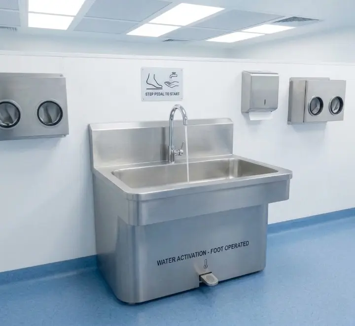 Metrolabs Foot-Operated Cleanroom Sink Unit – integrated splashback, thermostatic mixing valve, concealed plumbing, pharmaceutical GMP cleanroom