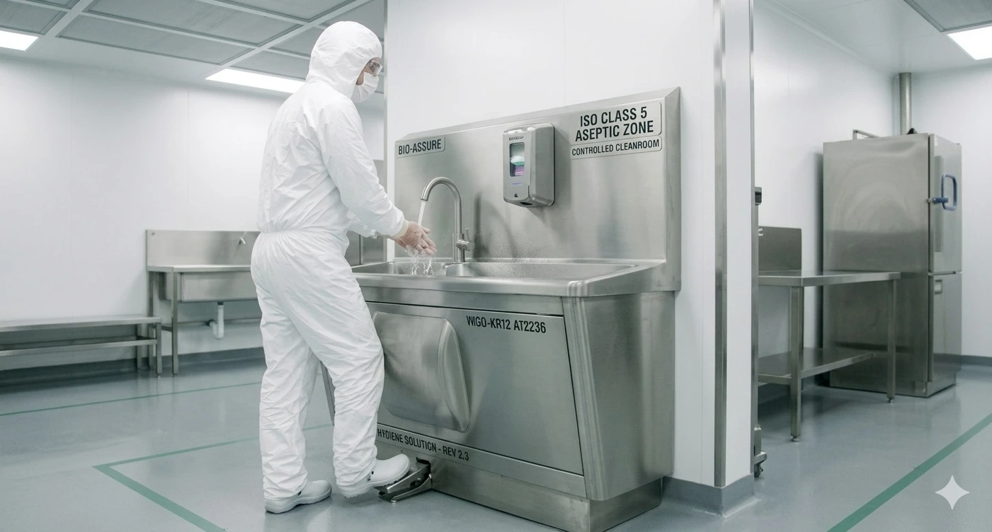 Metrolabs Cleanroom Foot-Operated Wash Basin – SS 316L, mechanical foot pedal, deep-drawn large-radius bowl, integrated splash guard, pharmaceutical cleanroom