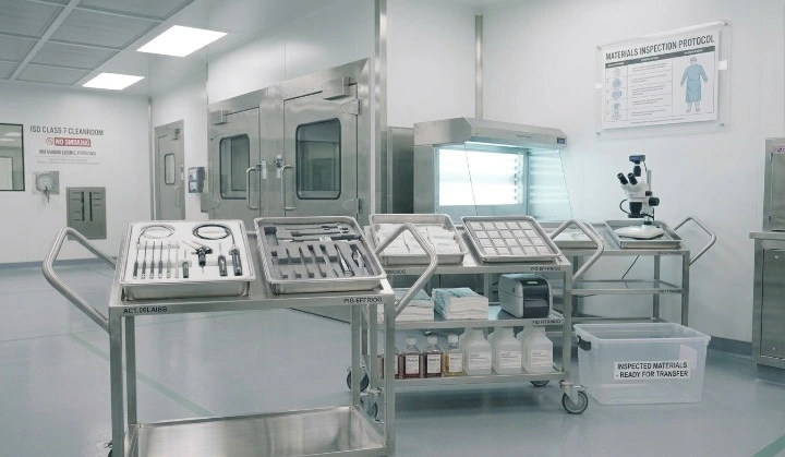 Metrolabs Cleanroom Instrument Trolley – SS 316L, three-sided guard rails, anti-vibration platform, ESD grounding, pharmaceutical cleanroom