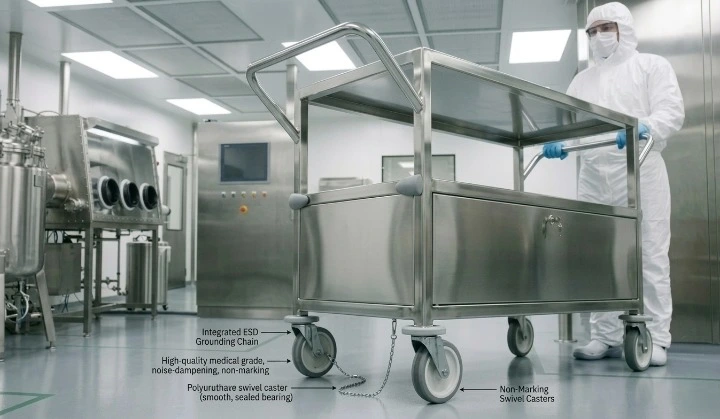 Metrolabs Cleanroom Instrument Trolley – mirror electropolished, three-sided rails, medical-grade casters, surgical OT