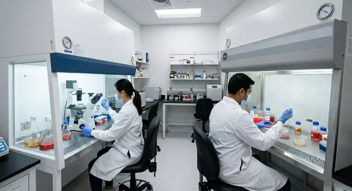 Metrolabs LAF unit – installed in pharmaceutical cleanroom, ceiling-suspended, zero-ledge panel integration, Grade A workstation