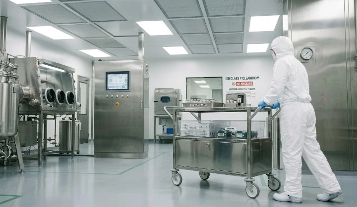 Metrolabs Cleanroom Material Transfer Cart – SS 316L electropolished, perforated shelving, sealed bearings, pharmaceutical cleanroom