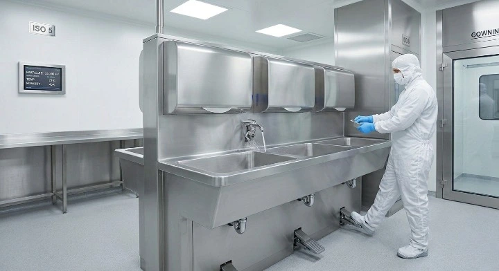 Metrolabs Cleanroom Sanitation Hygiene System – knee-operated wash basin, wall-hung zero-ledge, acoustic dampening, anti-vortex drainage
