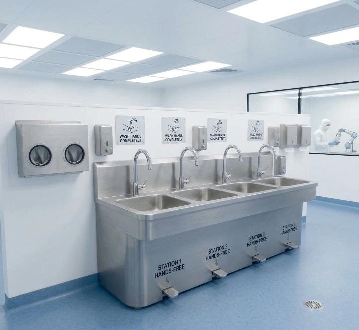 Metrolabs Cleanroom Sanitation Wash Station – foot-pedal operated, flush wall-mounted, full-height splash guards, recessed panel integration