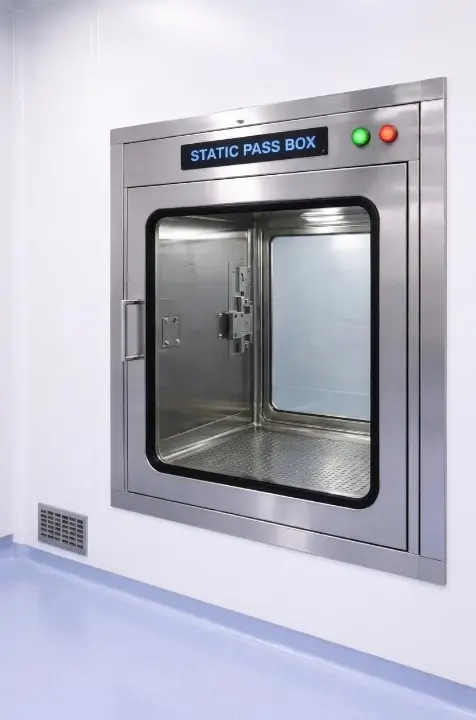 Metrolabs Static Pass Box installed in cleanroom panel wall – flush mounting, zero-ledge, pharmaceutical GMP facility