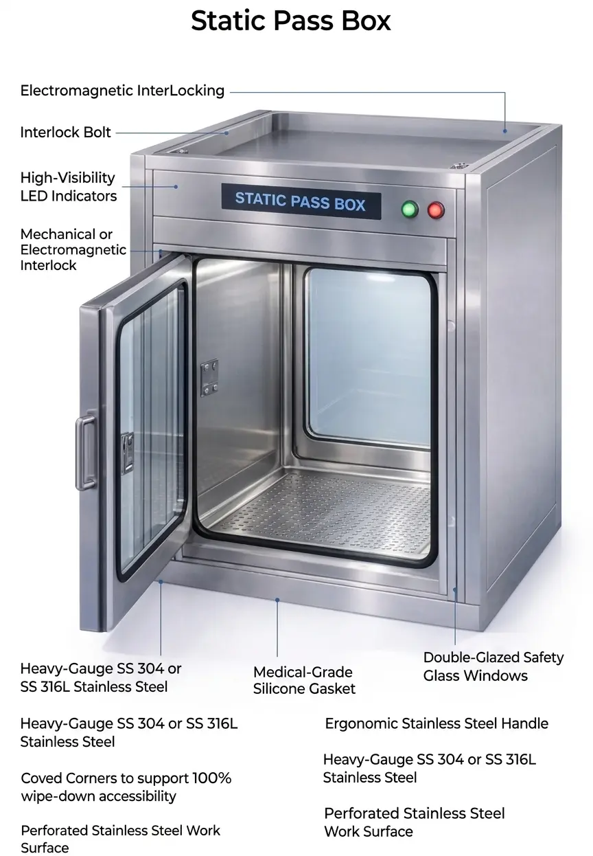 Metrolabs Static Pass Box – SS 304, electromagnetic interlock, UV-C, coved interior, double-glazed glass panel, pharmaceutical cleanroom