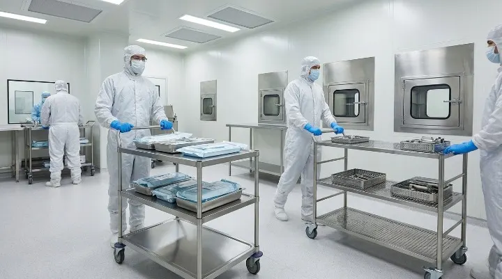 Metrolabs Cleanroom SS Trolley – marine-edge shelves, multi-tier, garment hanging rail, autoclavable