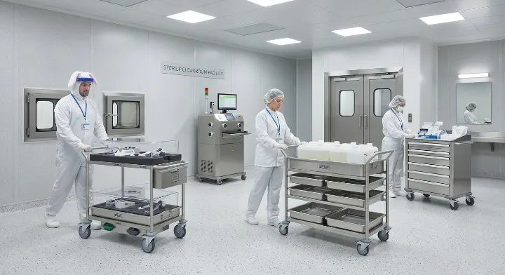 Metrolabs Cleanroom SS Trolley – SS 316L, perforated shelves, total-lock casters, ergonomic push-bar, pharmaceutical cleanroom