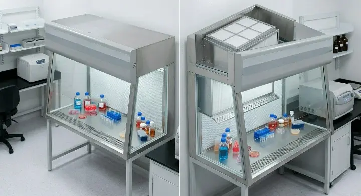 Metrolabs Vertical Laminar Air Flow (VLF) unit – HEPA ceiling canopy, downward airflow, work surface, pharmaceutical laboratory